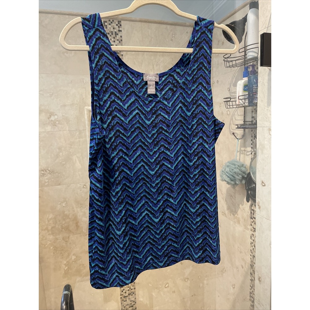 Chico's Travelers Tank Shell Blouse Size 2 Blue Teal Chevron Zigzag Sleeveless